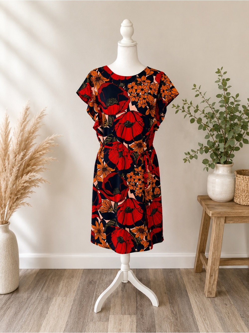 LOFT Size MP Navy Dress with Red & Orange Floral Print